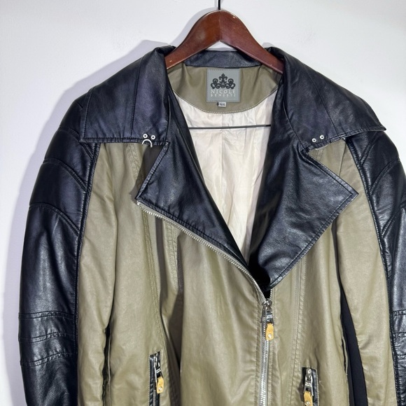 Nicole Benisti Green & Black Faux Leather Moto Biker Jacket Size XL - Picture 3 of 10